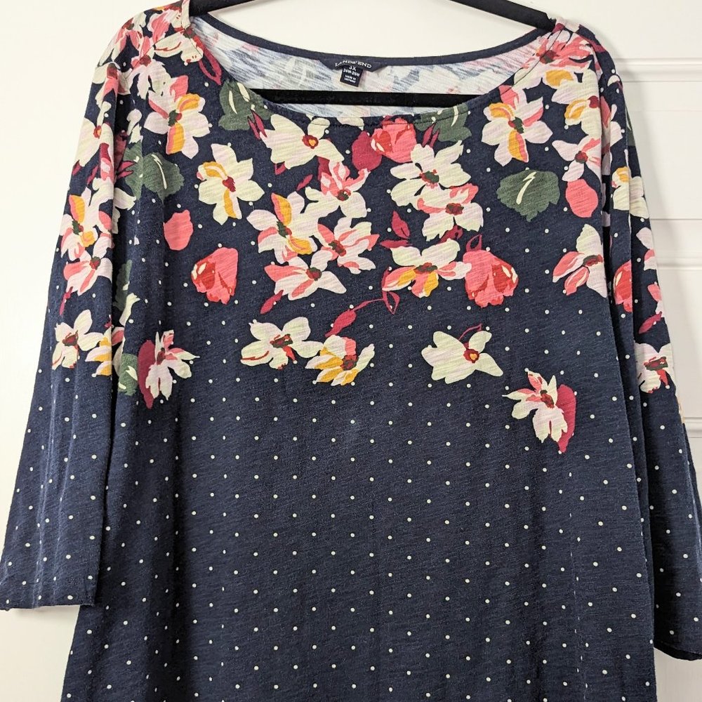 Lands' End Navy Blue Floral Boat-neck Slub Shirt
